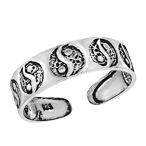 AeraVida .925 Sterling Silver Adjustable Toe Ring or Pinky Ring 5mm Wide Open Band, Stackable Minimalist Summer Foot Jewelry | Sun Moon Star Turtle Butterfly Leaf Olive Branch Ocean Wave Yin Yang Design - style: Yin-Yang
