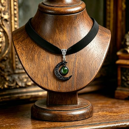 ONLYJUMP Gothic Witch Moon Earrings Necklace Set for Women Goth Black Velvet Moon Choker Necklace Moon Zirconia Dangle Drop Earrings Dark Halloween Witch Vampire Jewelry - color: Green