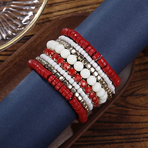 LUREME Boho Multi Strand Stackable Stretch Bracelet Set Wooden Cube Alloy Bead Bangle bl003172 - color: Red