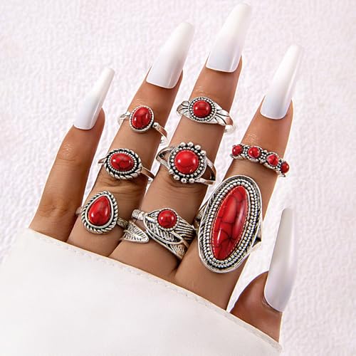Bohemian Turquoise Ring for Women Stackable Vintage Chunky Boho Turquoise Ring Set Dainty Open Gemstone Knuckle Midi Finger Rings Western Statement Rings Jewelry - style: red eight