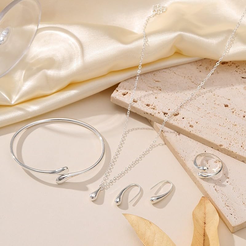 QiaTsed Women's Jewelry Set Gold Teardrop Jewelry Set Statement Elegance Jewelry with Necklace Bracelet Ring Earrings Ideal Jewelry Gift for Women - color: Silver