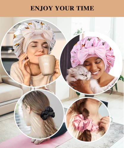 2+3 Large Satin Bonnets with Scrunchies for Women, Hair Bonnet Sleeping Tie Bonnet for Braids Curly Hair - color: H -White Butterfly, Pink Butterfly