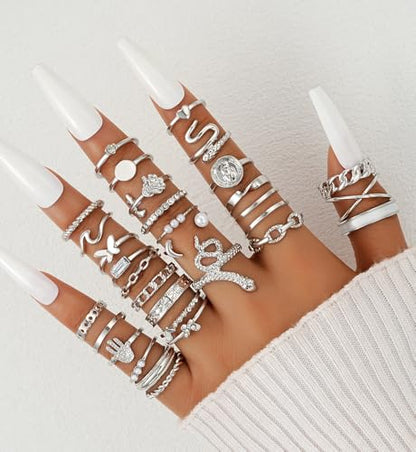 iF YOU 25 Pcs Gold Stackable Ring Set for Women, Chunky Knuckle Finger Midi Rings, Silver Simple Stacking Cute Rings Pack Trendy Stuff Jewelry Gift - style: 30 Silver snake rings
