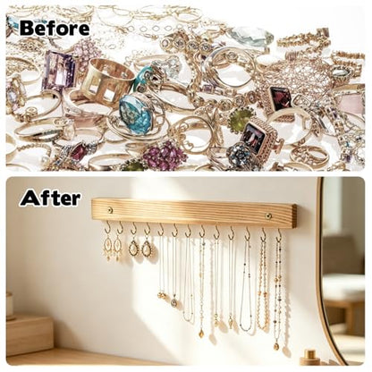 Rainmae 3 PCS Necklace Holder Jewelry Organizer Hanger with 39 Hooks Wooden Wall Mounted Jewelry Storage Holder for Necklaces Earrings and Bracelets Decorative Display Rack for Closet Bedroom