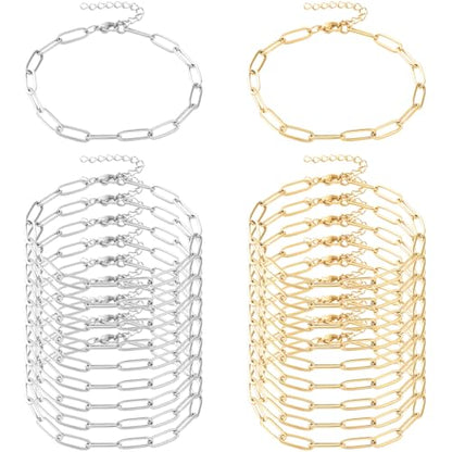 Exway 20 Pcs Paperclip Charm Bracelets Chain 8.0 Inch Stainless Steel Gold and Sliver Chain Bracelets Kit with Lobster Clasps for Crafts DIY Women Jewelry Making - color: gold+silver style C, size: 8.0in