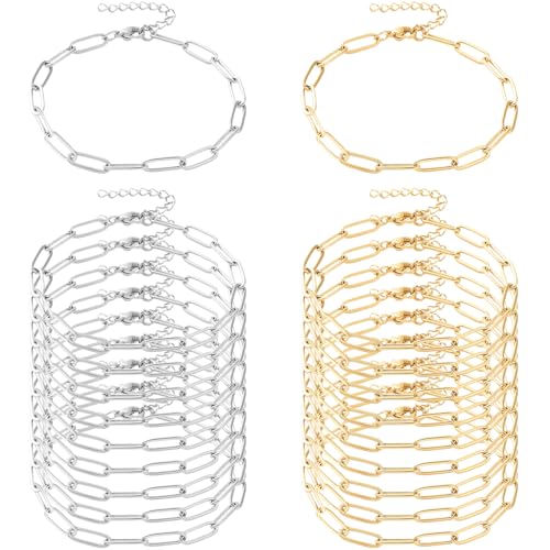 Exway 20 Pcs Paperclip Charm Bracelets Chain 6.5 Inch Stainless Steel Gold and Sliver Chain Bracelets Kit with Lobster Clasps for Crafts DIY Women Jewelry Making - color: gold+silver style C, size: 6.5in