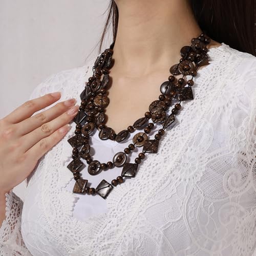 Wood Beads Necklace & Earrings for Women Chunky Multi-Layering Choker Necklace Ear Pendant - color: Multilayer