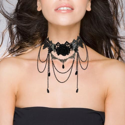 Gothic Victorian Style Vampire Choker Necklace for Women Black Crystal Tassel Lace Collar Necklace Halloween Punk Black Sexy Lace Necklace Halloween Cavewoman Costume - style: Black Roses