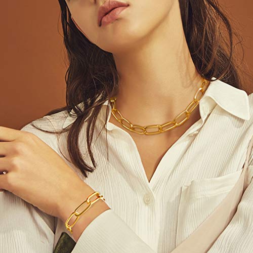 LANE WOODS Chunky Gold Necklace and Bracelet Set for Women, Paperclip Chain | Matching necklace and bracelet set, polished paperclip links, chunky statement style for layering, daily wear, and gifting - color: 15"Chain+7"Bracelet