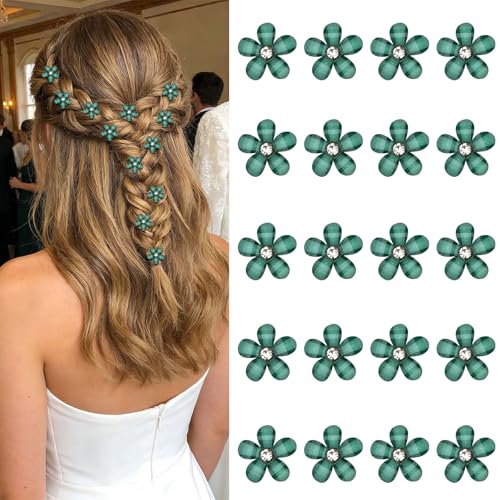 YISSION 20Pcs Mini Dark Green Plaid Flower Hair Clips, Rhinestone Decorative Hair Pins for Women and Girls Wedding Bridal Prom Daily Hairstyle Accessories - color: Dark Green