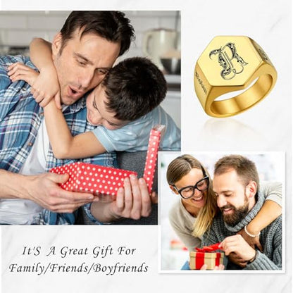 Custom Signet Ring for Men Personalized Initial Ring Custom Mens Rings Engraved Ring Customized Memorial Graduation Gifts for Father Husband Boyfriend Friends - color: Hexagon Gold