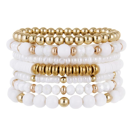 LOTSOF Boho Multilayer Beaded Bracelets Set for Women - Vintage Gold & Brown Stackable Stretch Bracelets, Bohemian Handmade Jewelry for Daily Style & Gifting - color: White