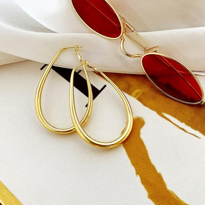 Chunky Large Oval Hoop Earrings for Women Sparkly Gold Teardrop Dangle Earrings Thick Bold Silver Hoop Drop Earrings Oval Stainless Steel Hoop Earrings Fashion Costume Jewelry Accessories - color: Gold