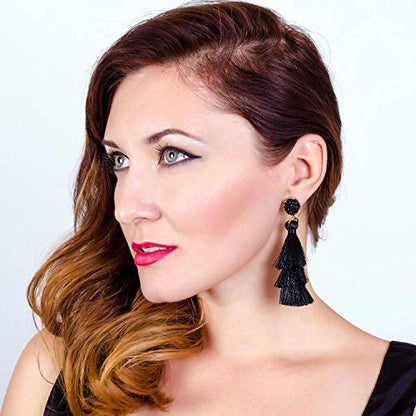Bohemian Tiered Tassel Earrings with Druzy Stud for Women | Long Layered Fringe Drop Earrings, Statement Jewelry for Party Beach Festival - color: Black