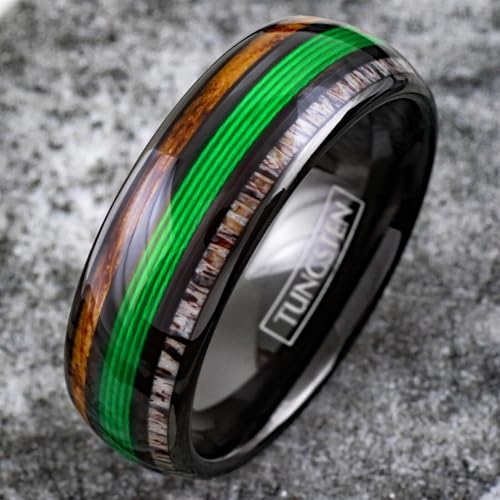 Ravishing 8mm Polished Black Tungsten Carbide Low Dome Band Ring with Green Fishing Line Between Whiskey Barrel Oak Wood and Deer Antler Inlays.
