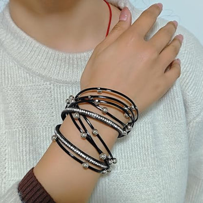 ZMANYIJEW Leather Wrap Bracelets for Women,Boho Cuff Bracelets Multi-Layer Crystal Beads Cuff Bracelet Multilayered Leopard Leather Braided Bangle Wrist Cuff Bangles - style: bead-black