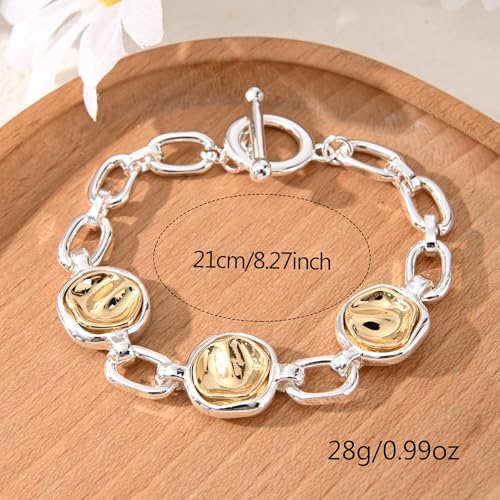 14K Gold & Silver Plated Lightweight Link Bracelet for Women | Stackable Bracelets ,14K Gold Plated Bracelets with CZ,Lightweight Trendy Chain Bracelet Jewelry Gift - style: round&silver chain