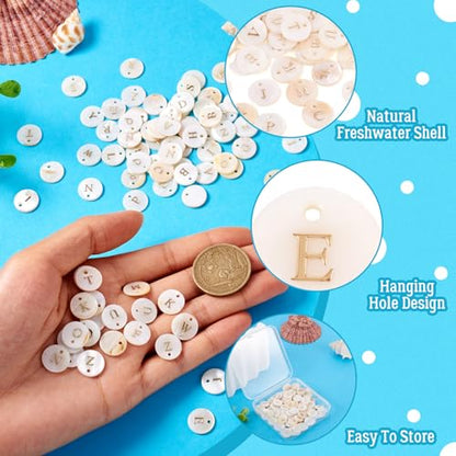 Craftdady 104pcs Flat Round Shell Letter Alphabet Pendants Freshwater Shell with A-Z Initial Capital Letter Circle Charms 11.5mm for DIY Name Bracelets Necklaces Earrings Making - color: Golden Letter
