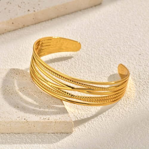 Stainless Steel Geometric Open Cuff Bracelet, Minimalist Gold Wire Bangle, 6.65cm Inner Diameter for Women