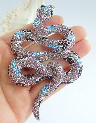 Classic 3.94" Unique Animal Snake Brooch Pin Pendant Austrian Crystal BZ5847 - color: Silver-Tone Purple