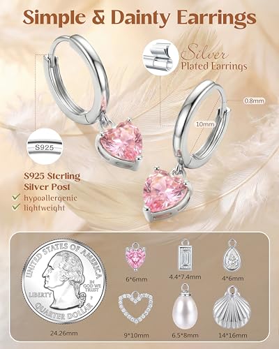 FIBO STEEL 14K Gold Plated Hoop Earrings with Charms for Women Huggie Hoops | Hypoallergenic 925 Sterling Silver Post Dangle Earrings Small Silver Gold Hoops Earring Cubic Zirconia Dangle Drop Jewelry - color: Pink Heart - Silver Plated