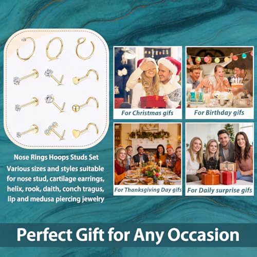 20G Nose Rings Hoop Set for Women, 12PCS Hypoallergenic Stainless Steel Comfortable for Ear Stack Daily Wear Dainty Non Tarnish Nose Hoop Stud Set, L Shaped CZ Threadless Flat Back Nose Stud Piercing Jewelry - color: 20G(0.8MM)-Gold