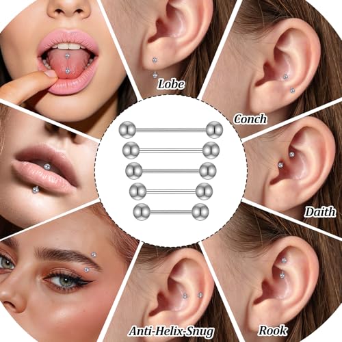 Hecila 10PCS Metal Tongue Rings Nipple Piercing Jewelry Externally Threaded Stainless Steel Straight Barbells Piercing Short Long Bar Silver Bridge Piercings for Women Men 12mm 14mm 16mm 18mm 20mm