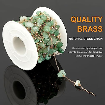 KYUNHOO 16.4 FT Green Raw Gemstones Jewelry Chain for Making Jewelry Crafts | Gold Plated Brass Chains for Necklace Bracelet DIY Thin Paperclip Link Natural Stone Chain with Clasps - color: Natural Stone-Green