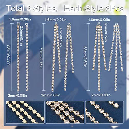 SUNNYCLUE 1 Box 24Pcs 3 Style Chain Earring Findings Drop Earring Charms Dangle Earring Charm Shiny Crystal Brass Tassel Charm for Jewelry Making Accessories Women Adults DIY Earrings Craft Supplies - color: 24pcs 3 Styles Rhinestone Chain Earring Finding