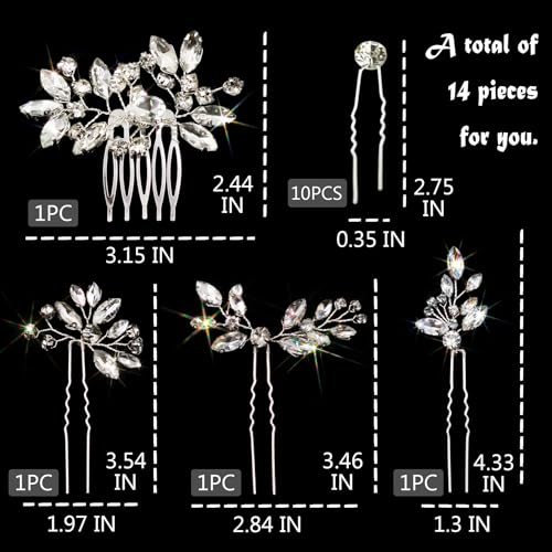 14 PCS Bridal Hair Pins Comb Set Wedding Silver Rhinestone Sparkling Crystal Hair Accessories Jewelry Women Prom