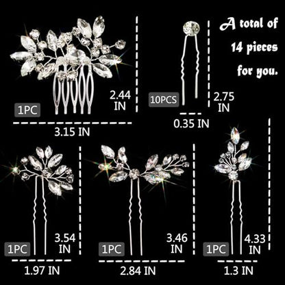 14 PCS Bridal Hair Pins Comb Set Wedding Silver Rhinestone Sparkling Crystal Hair Accessories Jewelry Women Prom