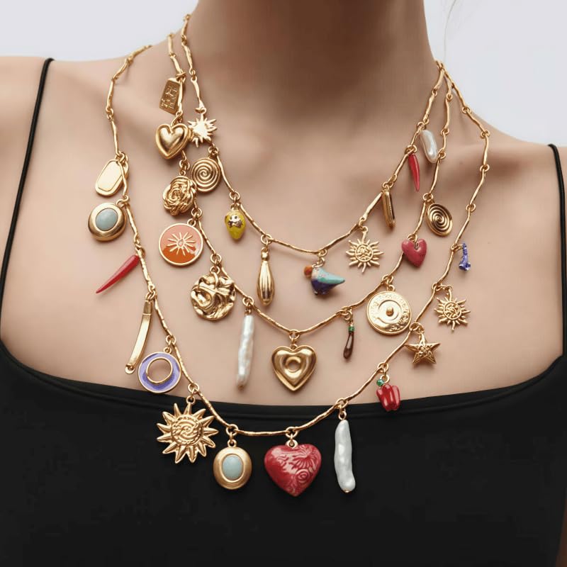 Multi Layer Gold Chain Sun Pendant Necklace - With Heart-Shaped and Coin Flower Design -3-Piece Set of Colorful Mixed Pendant Necklace