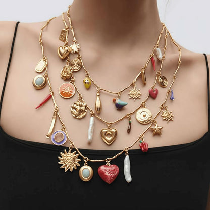 Multi Layer Gold Chain Sun Pendant Necklace - With Heart-Shaped and Coin Flower Design -3-Piece Set of Colorful Mixed Pendant Necklace