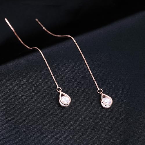 Reffeer Solid 925 Sterling Silver CZ Droplet Chain Dangle Earrings for Women Teen Girls Tassel Dangle Earrings Threader - color: C-Rose Color