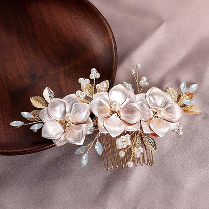 Flower Leaf Design Wedding Hair Comb, Metal Bridal Hair Accessory with Rhinestone, Wedding Prom Hair Clip Headpiece for Women (Gold Flower Pearl) - color: Gold Flower Pearl