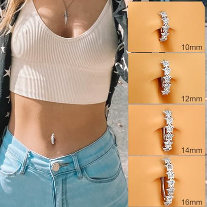 Melighting Star Belly Button Ring 14G Reverse Belly Ring Stainless Steel 316L 10/12/14/16 mm Belly Piercing Clicker Clear CZ Belly Piercing Jewelry for Women