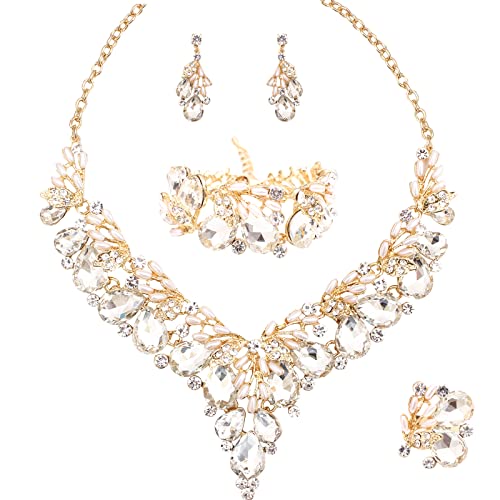 Jewelry Set for Women, Statement Necklace Dangle Earrings Bracelet Ring, White/KC Gold Plated Jewelry Set with Rhinestone Pearl Crystal Wedding Party Jewelry for Bridal Bridesmaid - color: White-Gold Plated