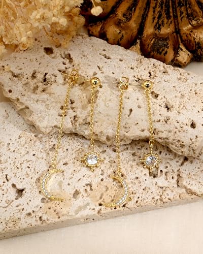 Moon and Star Dangle Earrings | Chain Tassel with Cubic Zirconia Drop Front and Back Earrings Celestial Jewelry for Wedding Gift - color: Gold