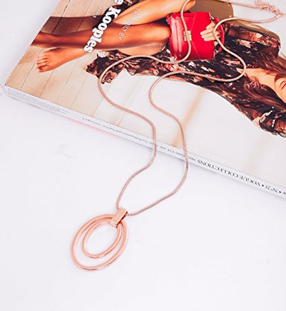 NVENF Long Sweater Chain Double Circle Pendant Necklace Bold Snake Chain Women Statement Necklace - color: C Rose Gold