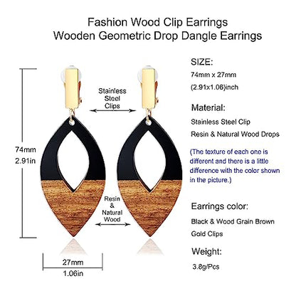 Wooden Geometric Clip On Earrings Women Gold Black Wood Non Pierced Ears Dangle Drop Earrings Triangle Leaf Comfortable Clip Earrings Jewelry - color: Leaf_Black+Gold