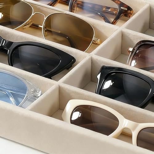 Sunglass Organizer Beige Velvet Glasses Trays for Drawer Eyeglasses Watches Jewelry Display Sunglass Box- Men Women (8 Grids) - color: Sunglass Box
