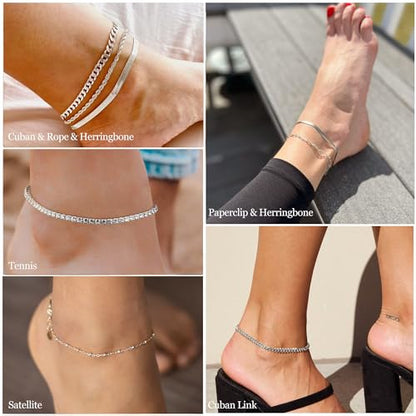 Dainty Ankle Bracelets for Women Waterproof | Layered Gold Plated Tennis Cuban Snake Rope Paperclip Beaded Link Chains Set, Summer Beach Jewelry Gift - color: Silver Anklet A