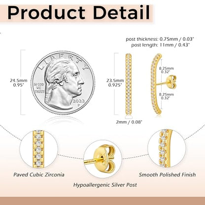 CZ Suspender Cuff Stud Earrings Wrap Earlobe Silver Post Cubic Zirconia Minimalist Jewelry for Women - color: Gold Paved CZ