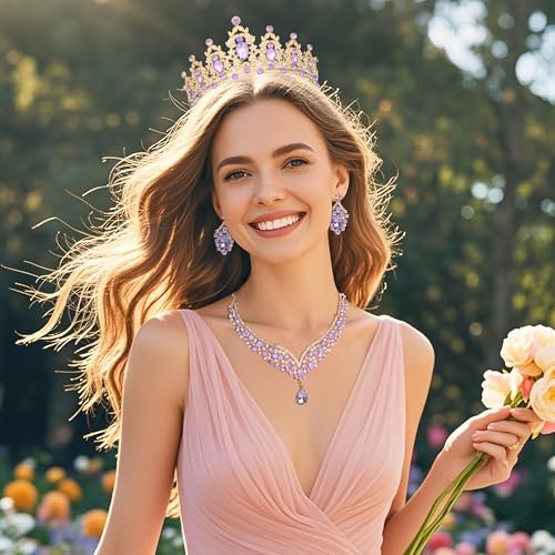 Crowns and Tiaras jewelry sets for Wedding princess birthday party Halloween Prom Pageant Jewelry for Women Crystal Bridal Jewelry Set for women - color: Gold Purple