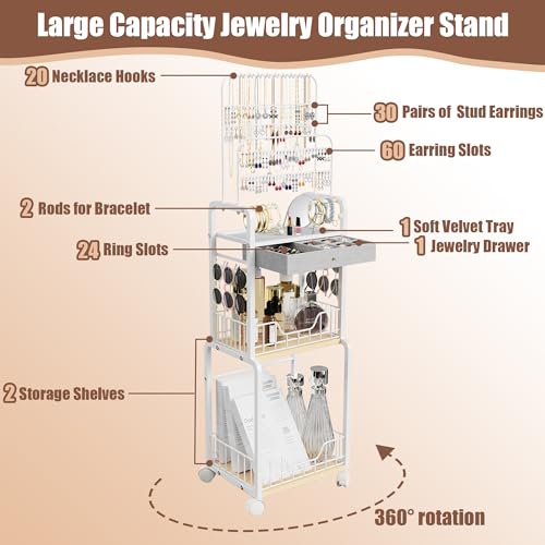 Large Jewelry Organizer Stand with Box Drawer, Multifunctional Display Cases with Wheels, Armoire Jewelry Cabinet for Earring Necklace Ring Bracelet Makeup