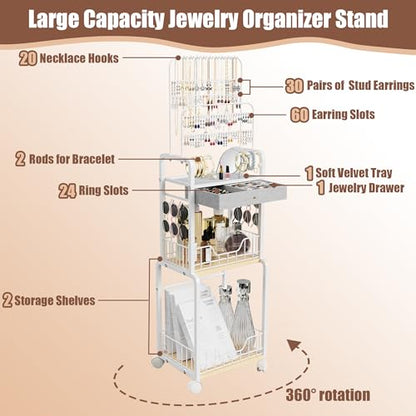 Large Jewelry Organizer Stand with Box Drawer, Multifunctional Display Cases with Wheels, Armoire Jewelry Cabinet for Earring Necklace Ring Bracelet Makeup