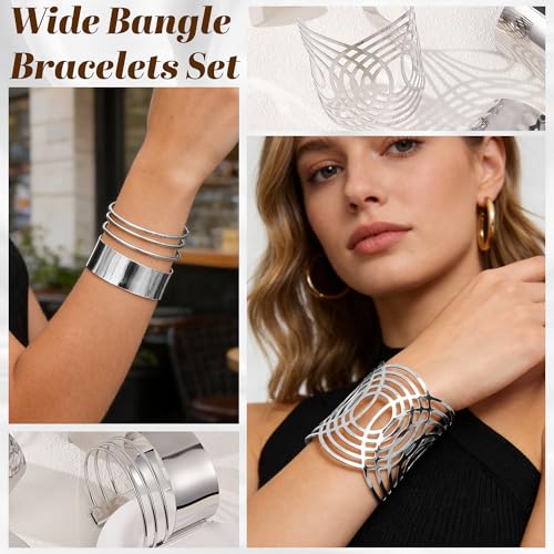 6 Pieces Upper Arm Cuff Arm Band Cuff Bangle Bracelet for Women Hammered Chunky Bracelets Open Wide Wire Bracelets Minimalist Coil Bangle Set Gold Sliver Wrist Cuff Wrap Bracelet Adjustable - color: Silver Cuff Bracelets B