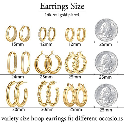 9 Pairs Gold Hoop Earrings for Women, 14K Real Gold Plated Chunky Hoop Earrings Set for Women Hypoallergenic Thick Lightweight Earring for Womens Jewelry Gifts - color: 14K-Gold-Plated