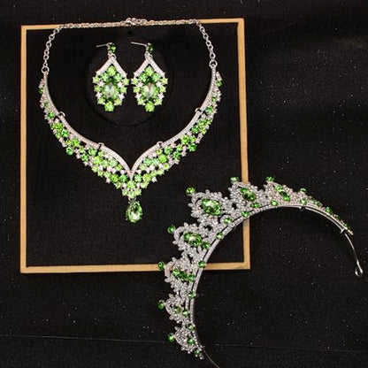 Crowns and Tiaras jewelry sets for Wedding princess birthday party Halloween Prom Pageant Jewelry for Women Crystal Bridal Jewelry Set for women - color: Silver Green