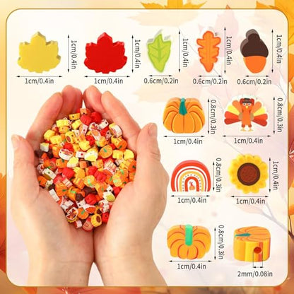 Fall Polymer Clay Beads for Thanksgiving Jewelry Bracelet Making | 8mm Autumn Polymer Clay, Ideal for Holiday Crafts, DIY Thanksgiving Festive Jewelry, 300Pcs Maple Leaf Pumpkin Turkey Shapes - color: Autumn Color